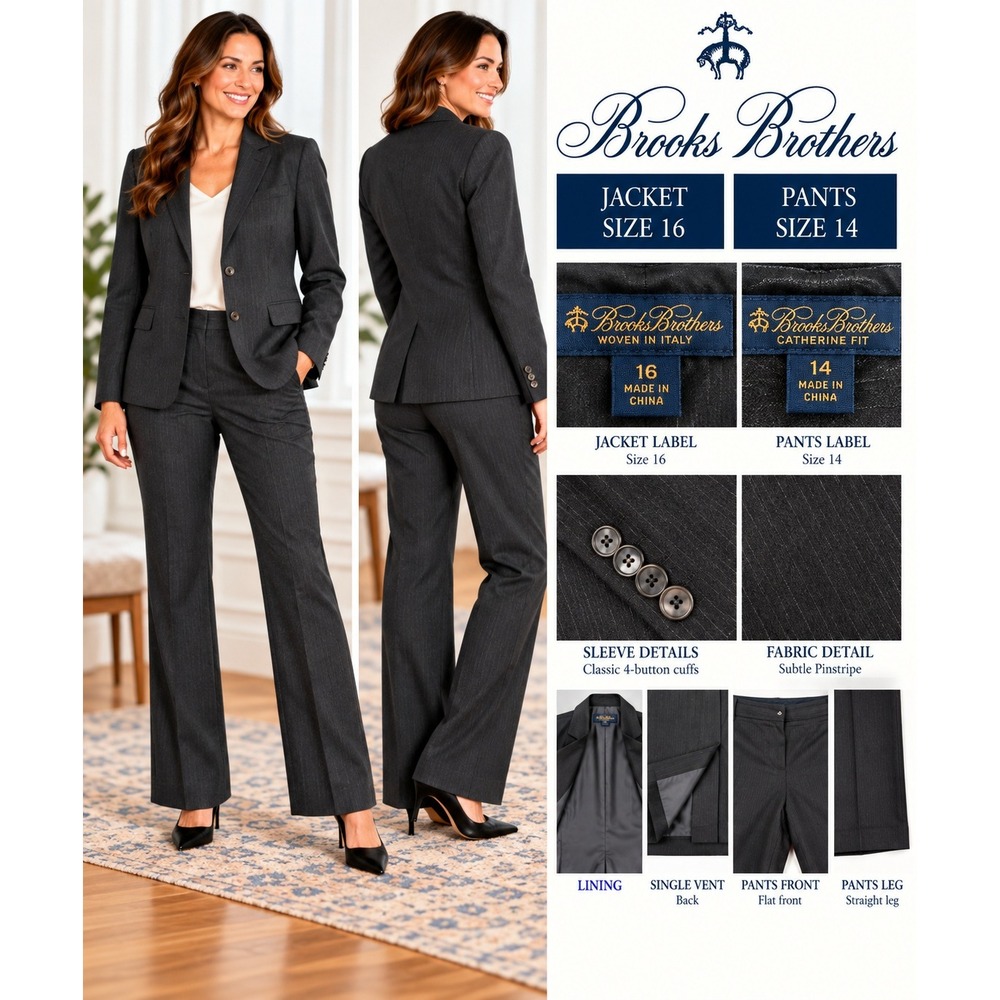 Brooks Brothers Pant Suit Women 16/14 Charcoal Gray Wool Pinstripe Blazer #30
